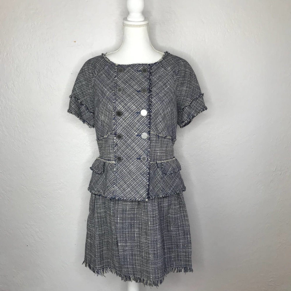 BCBGMaxAzria Women's Blue Gray Tweed Suit Blazer Jacket & Skirt Set Size Large